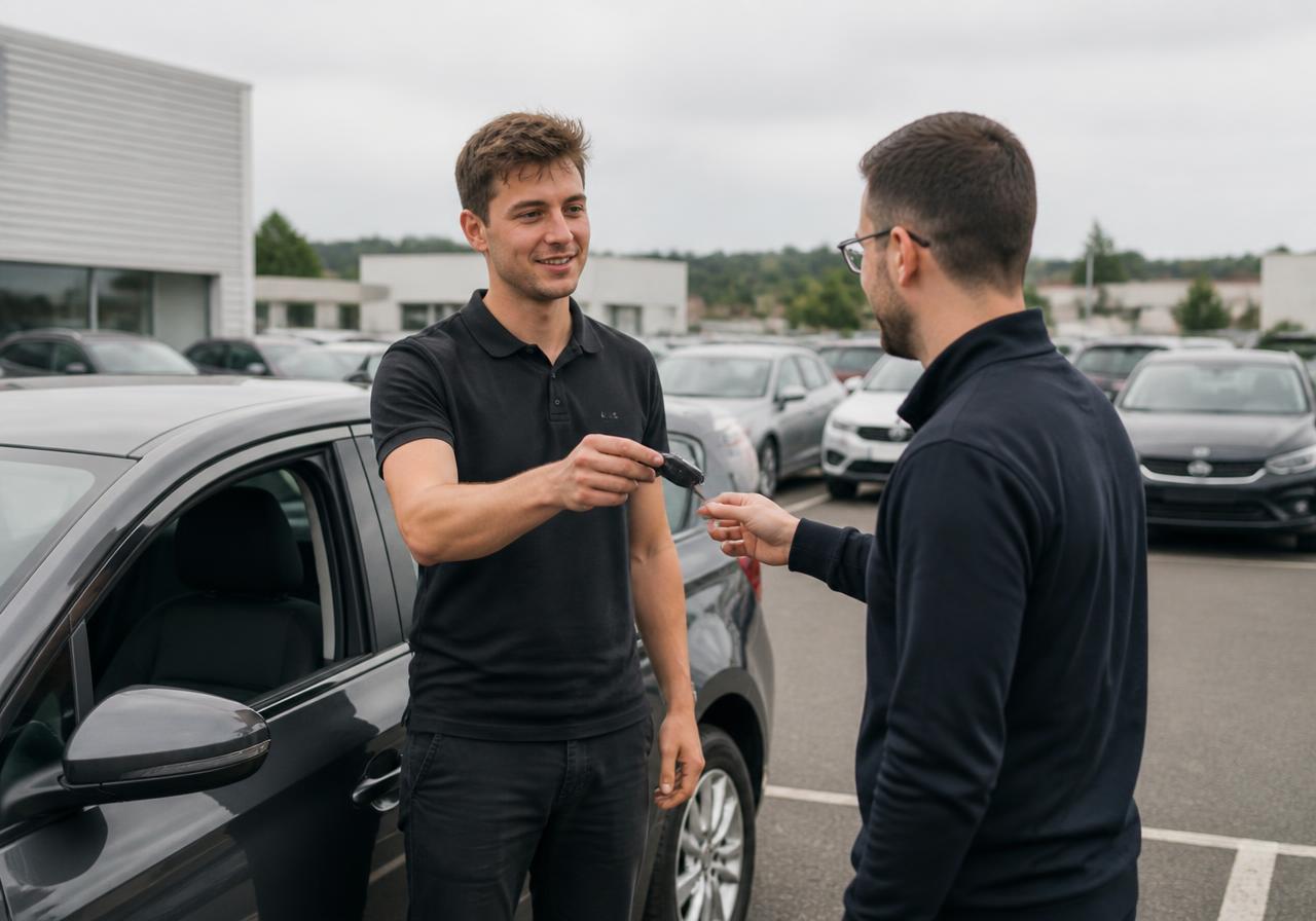 Remise de clés d'un véhicule neuf devant le domicile d'un client