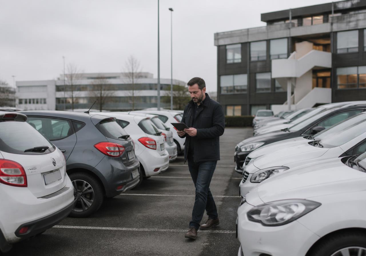 Gestionnaire de flotte devant une rangée de véhicules d'entreprise