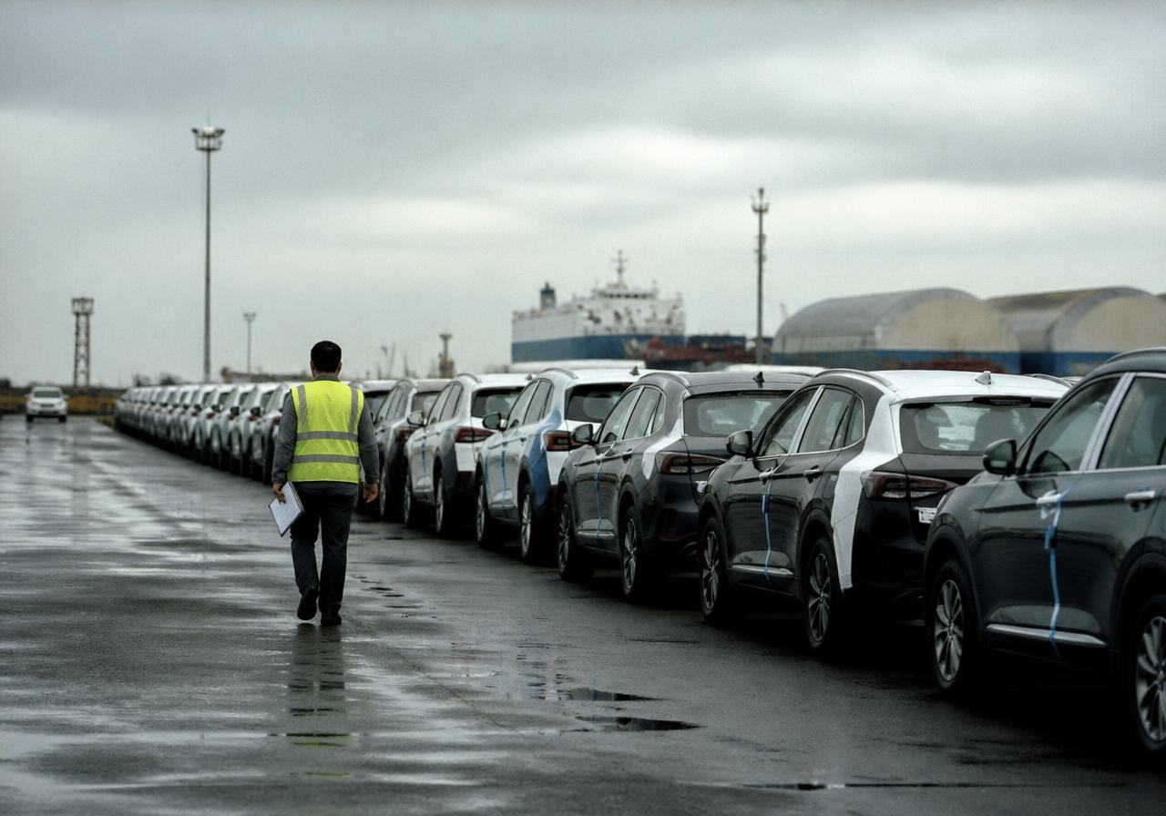 Parc logistique automobile avec véhicules en attente de transfert